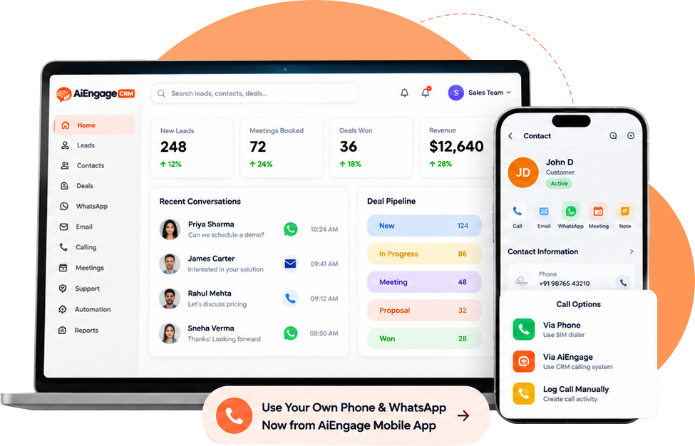 AiEngage CRM dashboard and mobile app