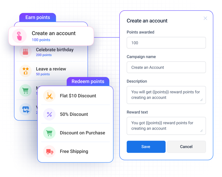 Capture Leads with Pop-up Forms (22) AiTrillion loyalty program setup showing how customers can earn points for actions like account creation or writing reviews, and redeem them for discounts in Shopify rewards apps.