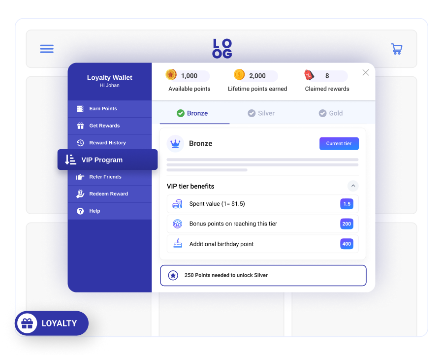 Capture Leads with Pop-up Forms (23) AiTrillion’s VIP program interface within a Shopify loyalty app, displaying Bronze tier benefits like bonus points, birthday rewards, and point-based tier progression.