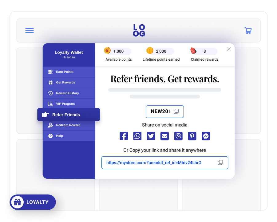 Capture Leads with Pop-up Forms (24) Refer-a-friend screen in AiTrillion’s Shopify loyalty program, allowing customers to earn rewards by sharing referral links via social media and messaging platforms.