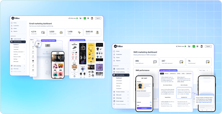 Frame 24872 (1) Infographic illustrating why Shopify merchants migrate from Klaviyo to AiTrillion, featuring integrated email marketing, loyalty rewards, product reviews, membership automation, and migration benefits.