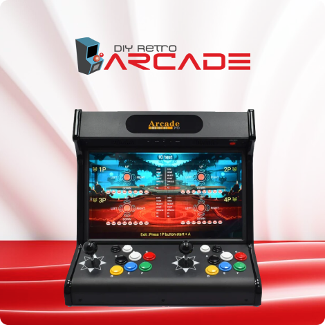 DIY Retro Arcade machine showcasing colorful buttons and a vibrant screen with arcade game graphics.