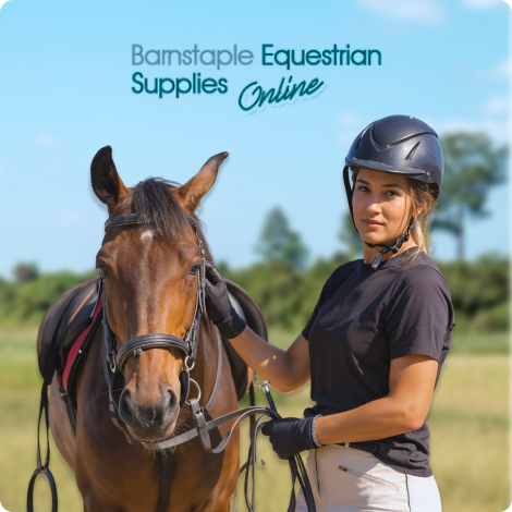 Barnstaple Equestrian Supplies branding featuring a woman in riding gear with a horse in a lush field, representing their online business success in the equestrian supplies market.