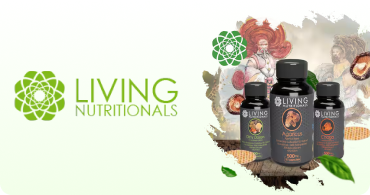 Living Nutritionals logo with product bottles of nutritional supplements displayed in the foreground, surrounded by tropical foliage and an artistic background featuring ancient designs.