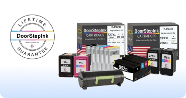 DoorStepInk cartridge packaging display showing multi-pack ink cartridges compatible with various printer models, including black and color options.