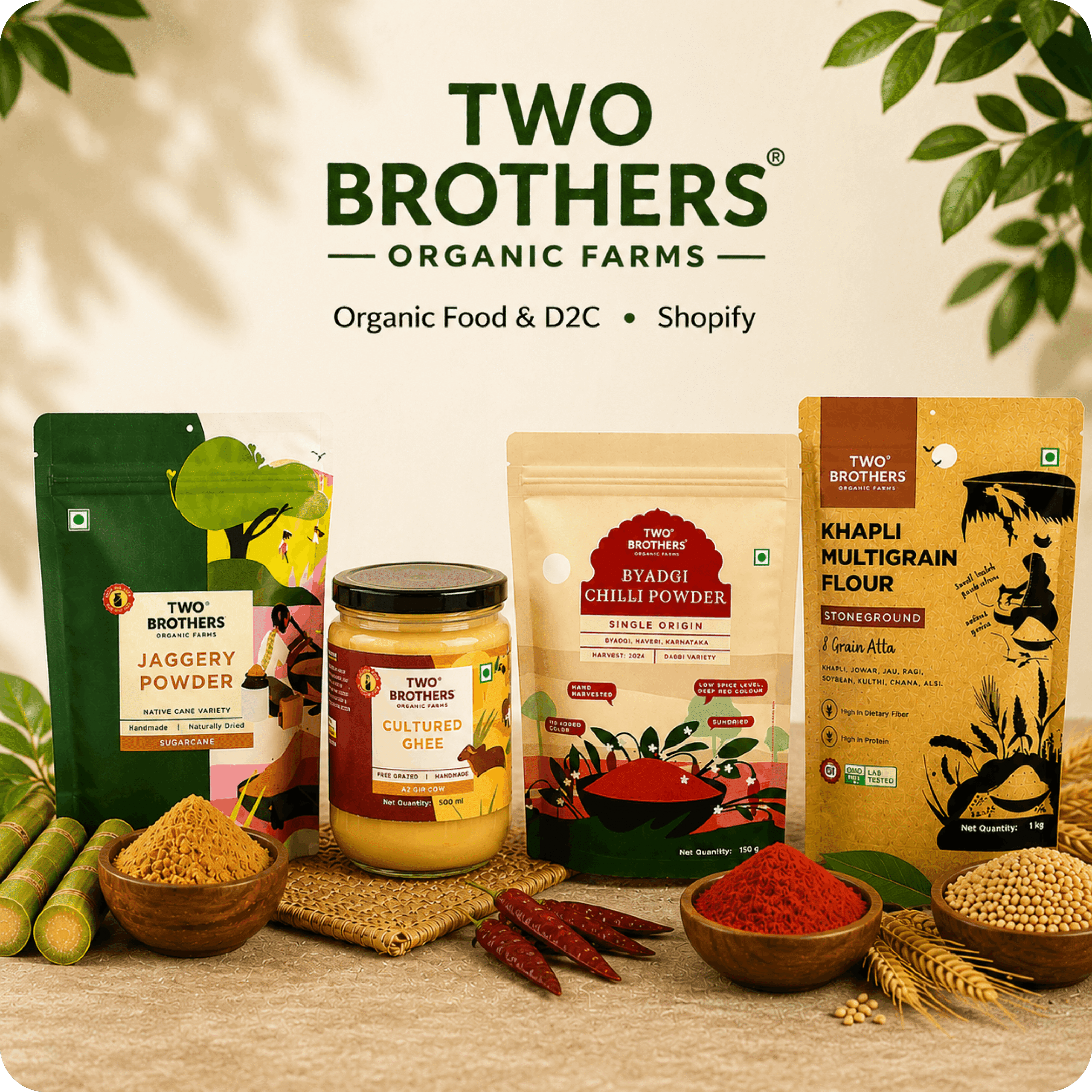 Product showcase image for Two Brothers Organic Farms, an organic food D2C Shopify brand. The display features packaged products including jaggery powder, cultured ghee, Byadgi chilli powder, and khapli multigrain flour, arranged with natural ingredients like sugarcane, red chilies, grains, and wheat. The brand name appears at the top with the label “Organic Food & D2C • Shopify,” highlighting the ecommerce case study context.